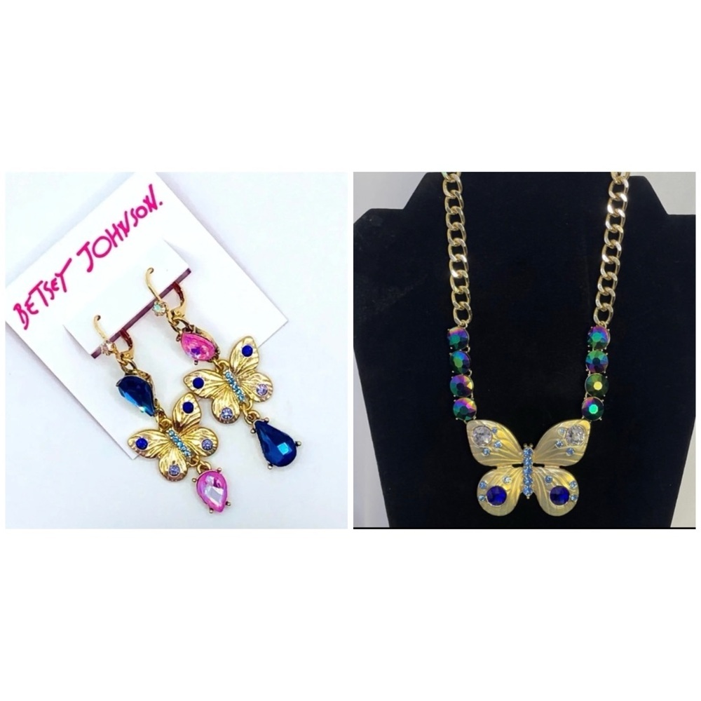 BETSEY JOHNSON SET Mismatch Butterfly Crystal-Studded Earrings Necklace NEW NWT